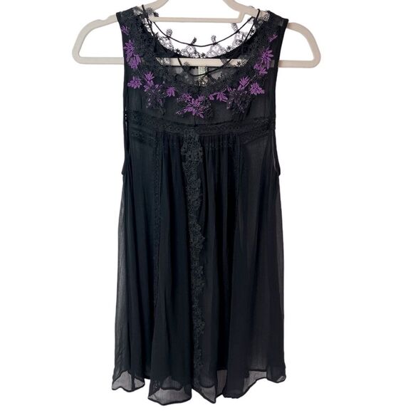 Free People Black Lace Embroidered Mini Slip Tunic Dress Size XS - Picture 1 of 5